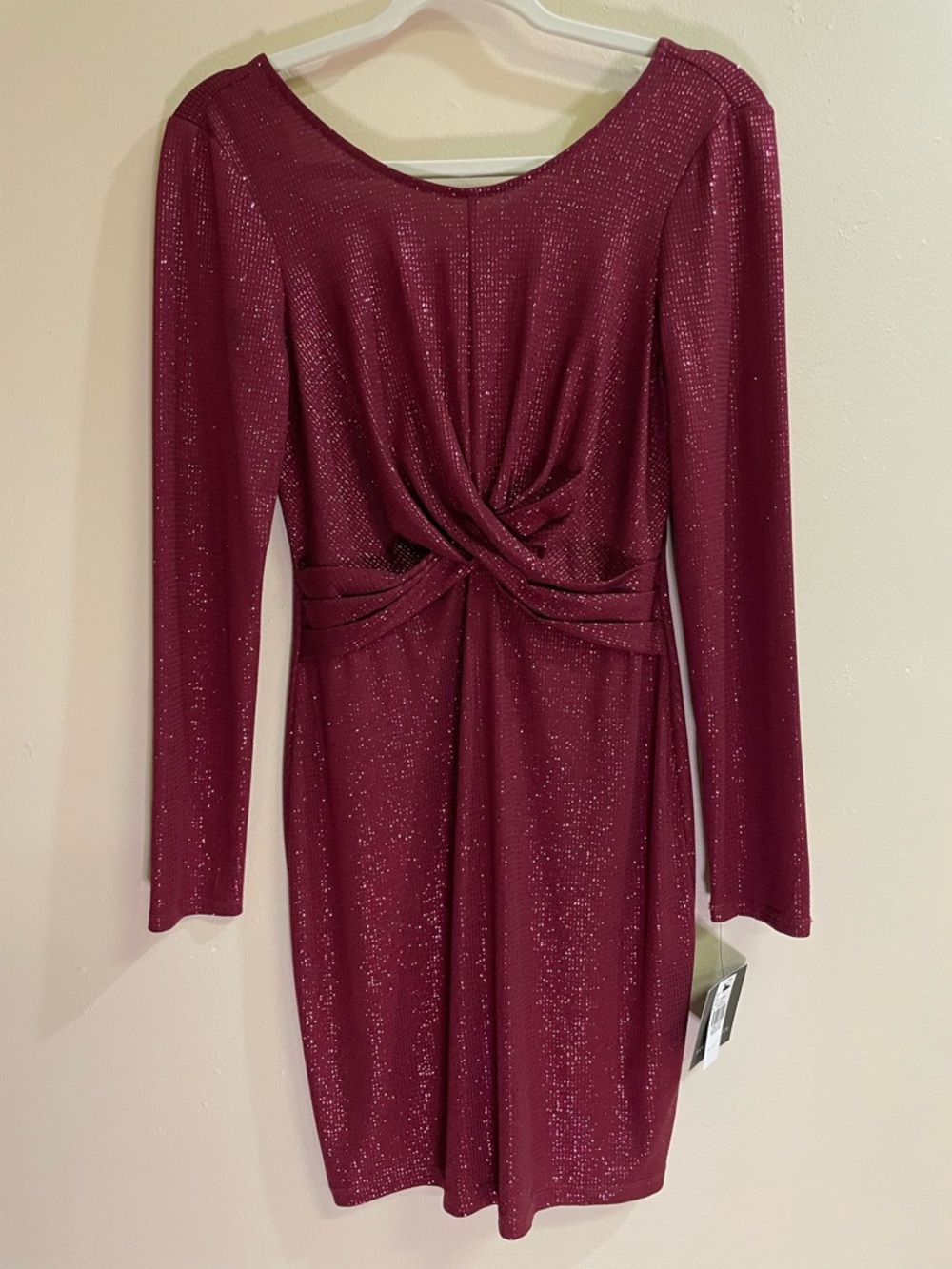 I.N. San Francisco Wine Shimmer Knit Twist Front Long Sleeve Midi Dress M NWT